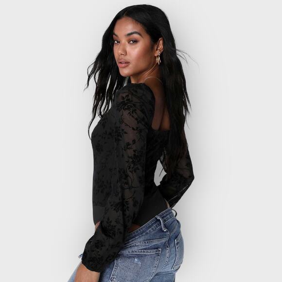 Lulus Regal Rendezvous Floral Bodysuit | Medium Black Mesh Long Sleeve Velvet - Picture 7 of 11